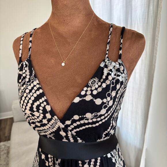 Vintage 2000s Express Black Silver Pattern Midi Dress Satin Waistband Size S - Picture 3 of 9